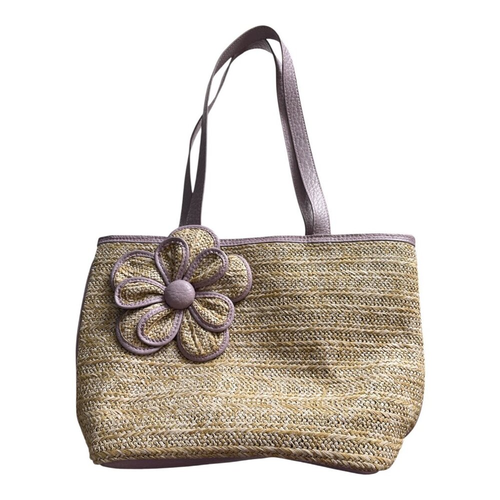 Bueno Straw Tote Bag Purple Faux Leather Flower Accent Mid 2000s Summer Beach Pu